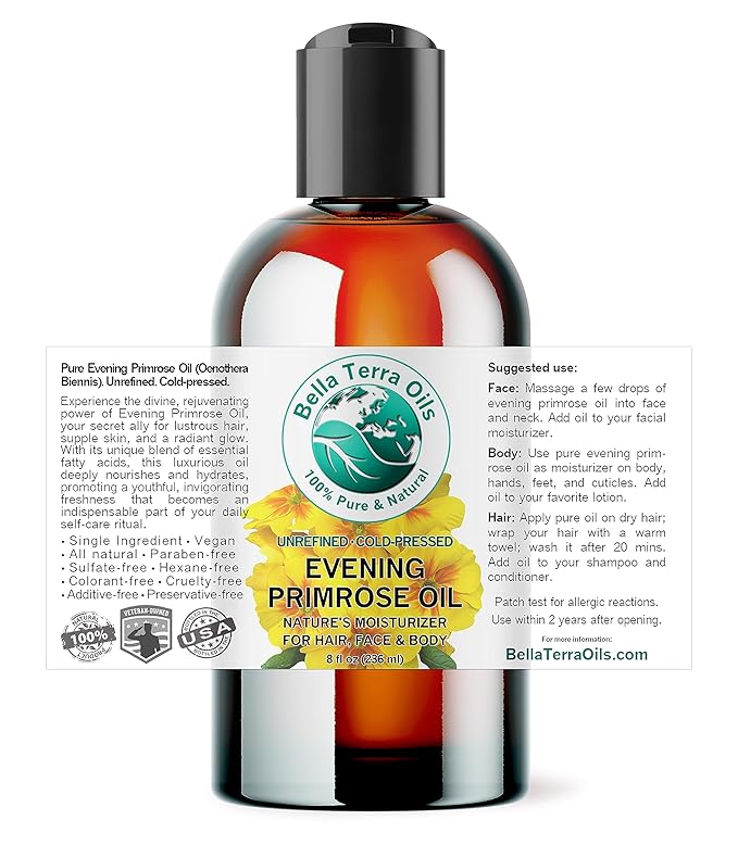 Bella Terra Oils - Organic Evening Primrose Oil 8 oz - Harvested for Excellence, Packed with Nutrients & Omega-6, Perfect Elixir for Enhancing Natural Beauty-VivaGrace Women