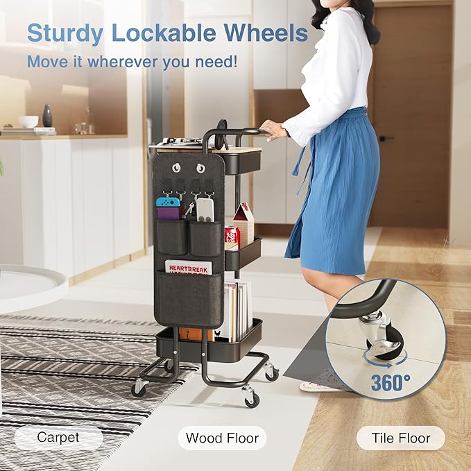 DTK 3 Tier Metal Utility Rolling Cart with Table Top and Side Bags, Tray Storage Organizer Wheels, Art Craft 4 Hooks for Kitchen Bathroom Office Living Room (Black)-VivaGrace Women