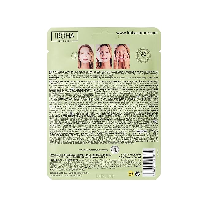 IROHA NATURE Comforting & Hydrating Tissue Face Mask with Aloe Vera | 15 Pieces | Aftersun Effect | 96% Natural Ingredients-VivaGrace Women