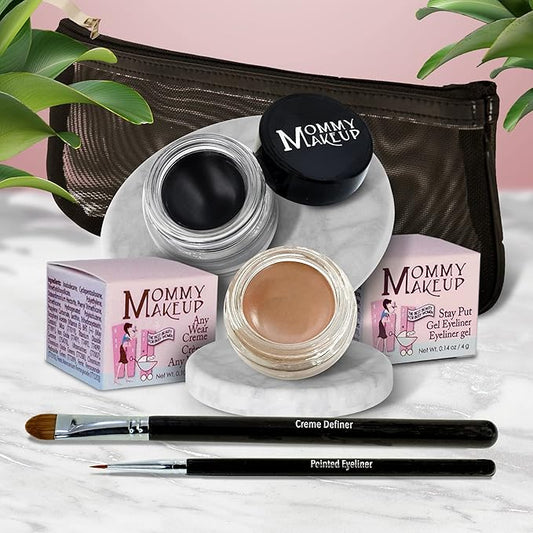 The Everlasting Eye 5 Piece Waterproof Makeup Set. Gel Eyeliner, Creme Eyeshadow, 2 brushes and Mesh Bag. Paraben-free, Talc-free, Cruelty-free. Misty Mocha/Black Beauty 1801-VivaGrace Women