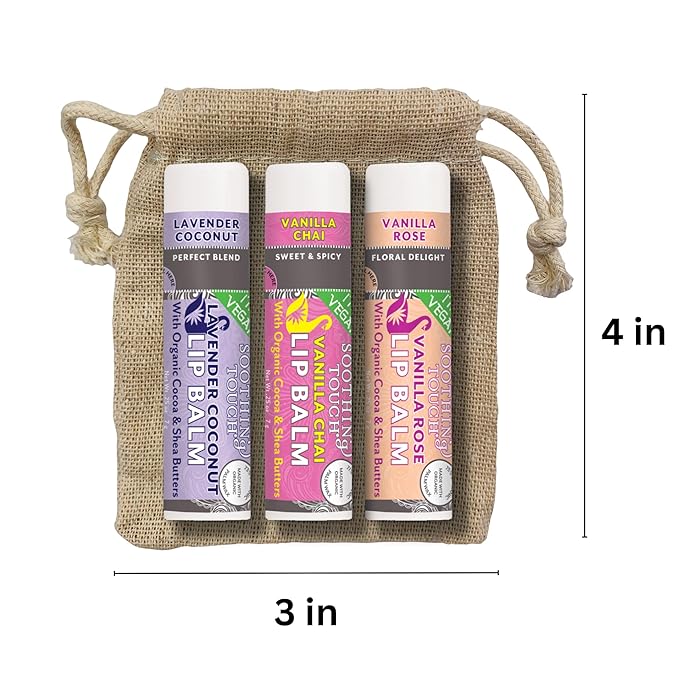 Vegan Lip Balm Set - Pack of 6 Soothing Touch Lip Balms. Plus Muslin Pouch and Lip Balm Holder Keychain (Blue): Lavender Coconut, Vanilla Chai, Vanilla Rose, Coconut Lime, Lemon Cardamom, Grapefruit-VivaGrace Women