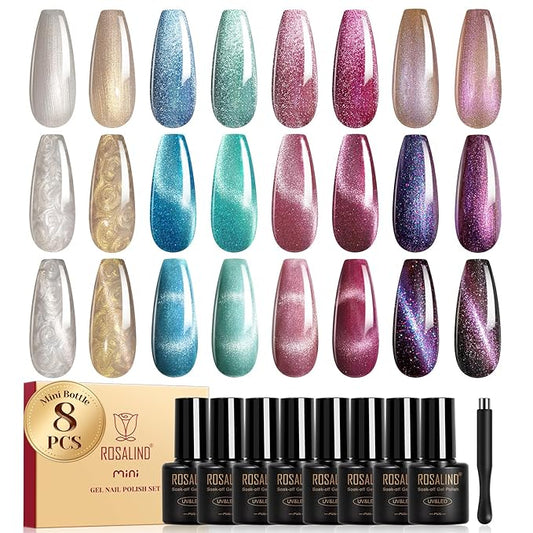 ROSALIND Cateye Gel Polish, 8 Colors Holographic Magnetic Cat Eye Gel Nail Polish Set with Magnet, Red Blue Purple Black Gel Polish Galaxy Collection Nail Art Gift DIY at Home