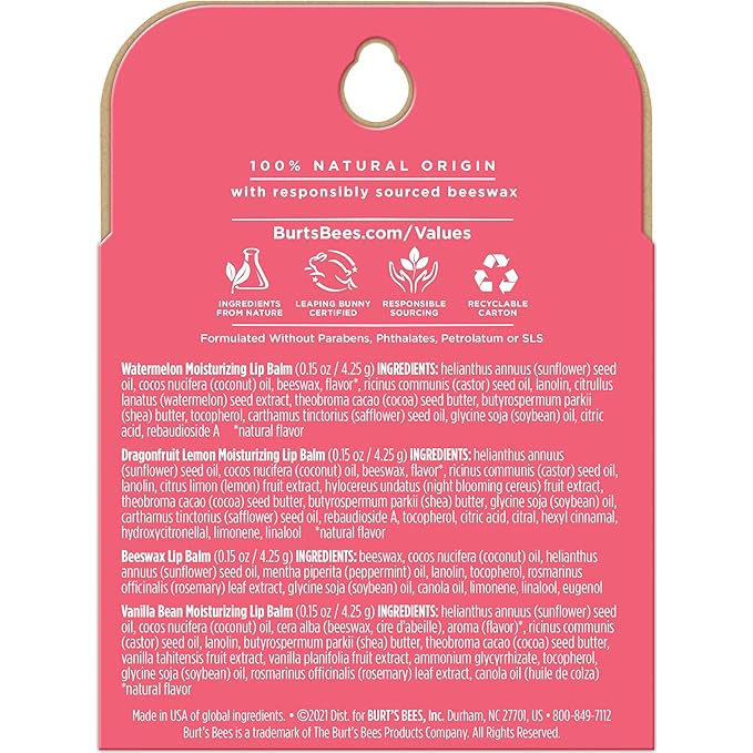 Burt's Bees Lip Balm, Moisturizing Lip Care, 100% Natural, Discover U - Original Beeswax, Watermelon, Dragonfruit Lemon & Vanilla (4 Pack)-VivaGrace Women