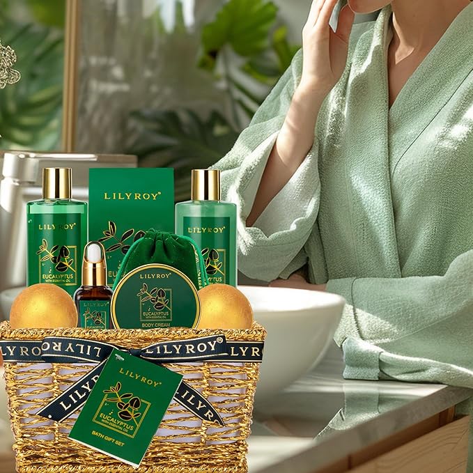 Bath & Body Gift Basket for Mothers Day - 10-Piece Eucalyptus Luxury Spa Set for Women & Men, Relaxation, Aromatherapy Ideal for Christmas, Father’s Day, Birthday with Shower Gel & More for Her & Him-VivaGrace Women