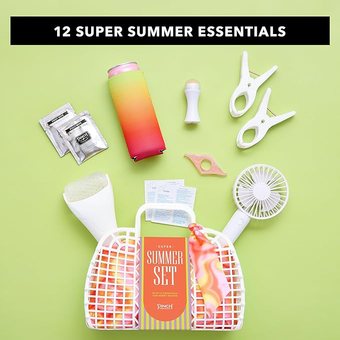 Pinch Provisions Super Summer Jelly Tote, 12 Beach & Poolside Accessories For Beauty, Perfect for Pool & Beach Days, Includes Oil Absorbing Roller, Rechargable Fan, Towel Clips, & Ice Roller-VivaGrace Women
