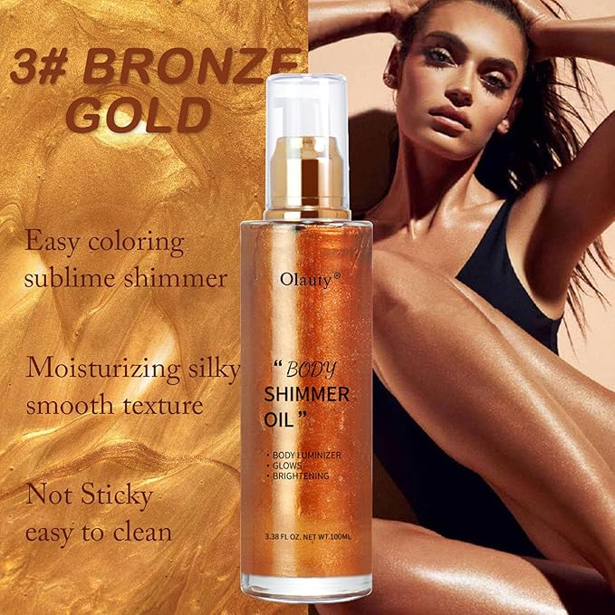 Shimmer Body Oil-Bronze Gold Face Brighten Pearl Highlighter Liquid Illuminator Body Glow Oil,4 Color Bronze Makeup Glitter Body Shimmer Oil with Makeup Brush-VivaGrace Women