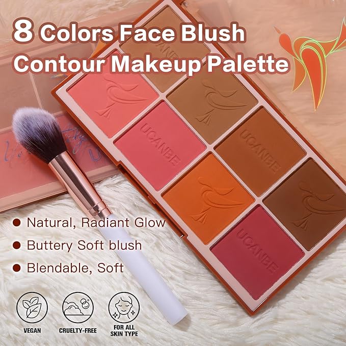 8 Colors Face Matte Blush Palette Shading Blusher with Brush - Buildable Facial Cheek Blusher Contour Bronzing Pressed Powder Makeup Pallet Women Gift Set (01 Matte)-VivaGrace Women