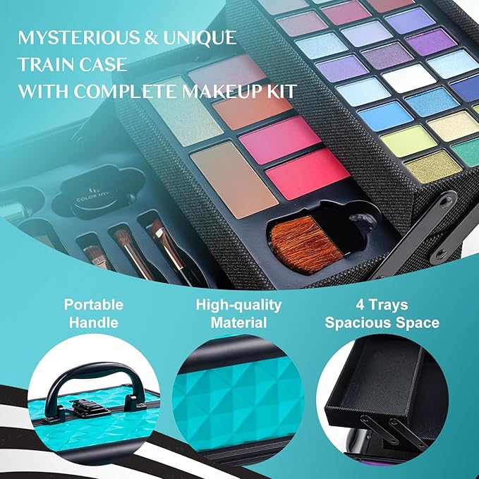 Color Nymph All In One Makeup Kit Comestics Gifts for Girls Teens, Travel Makeup Set 4 Trays Train Case for Beginner Includes Eyeshadow Highlighter Lipgloss Blush Concealer Brush Eyeliner Lipbalm-VivaGrace Women