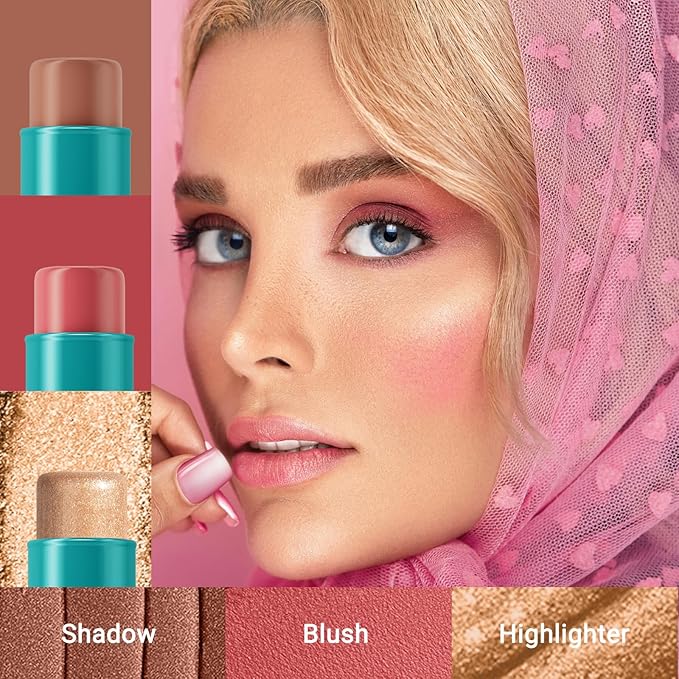 3Pcs Cream Contour Stick, with Highlighter Stick Milk Bronzer Stick Blush Stick, Face Contour Stick with Makeup Brush and Sponge, Easy to Sculpt the Face, Long Lasting, Waterproof-VivaGrace Women