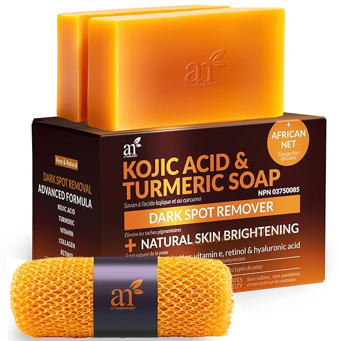 Kojic Acid Soap + African Net Sponge (2 pack X 142g Turmeric bars) Dark spot remover & Scars - Original Japanese Complex Vitamin C, Hyaluronic Acid, retinol, shea butter (Citrus)-VivaGrace Women