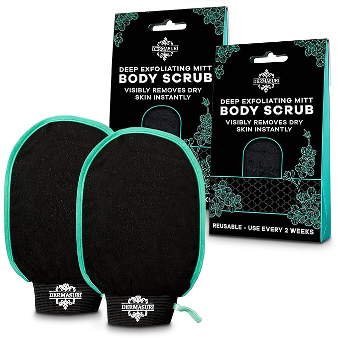 Dermasuri Deep Exfoliating Glove for Shower - Scrubbing Mitt Body Scrubber Gloves Skin Exfoliator & Eliminates Dead Skin - Keratosis Pilaris Scrub Spray Tan Remover - Korean Skincare for Body (2 Pack)-VivaGrace Women