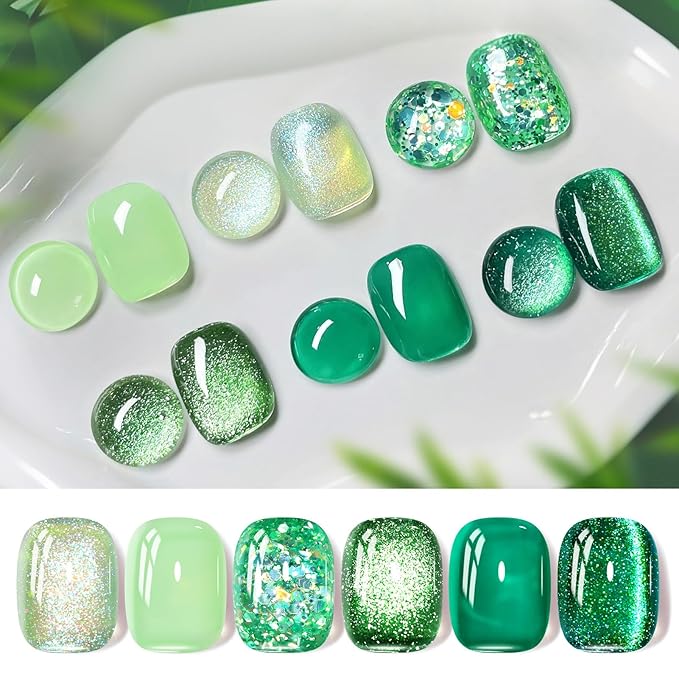 Born Pretty Gel Nail Polish Green Series,Jelly Transparent Gel Nail Polish, Cat Magnetic Eye,Shimmer Glitter Holographic Green Gel Polish Kit for Salon Manicure and Nail Art DIY at Home 6PCS 7ml-VivaGrace Women