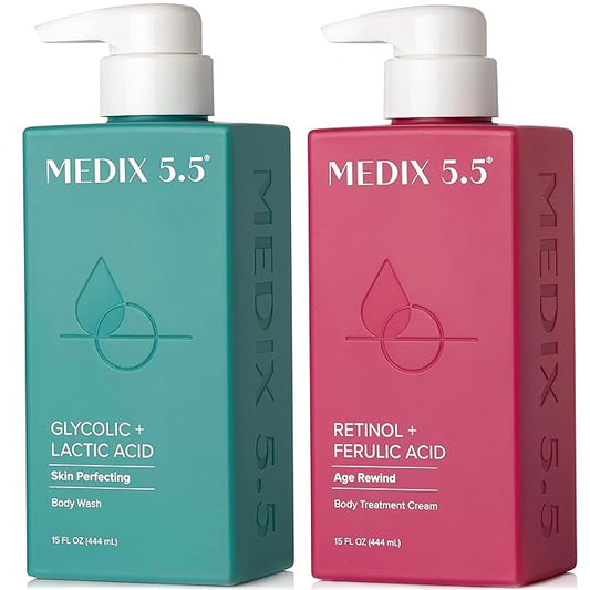 MEDIX 5.5 Exfoliating AHA Glycolic Acid Face & Body Scrub Cleanser + Retinol Moisturizing Body Cream Lotion Skin Care 2PC Set | Alpha Hydroxy Acid & Lactic Acid Foaming Body Wash & Face Wash, 2-PC-VivaGrace Women