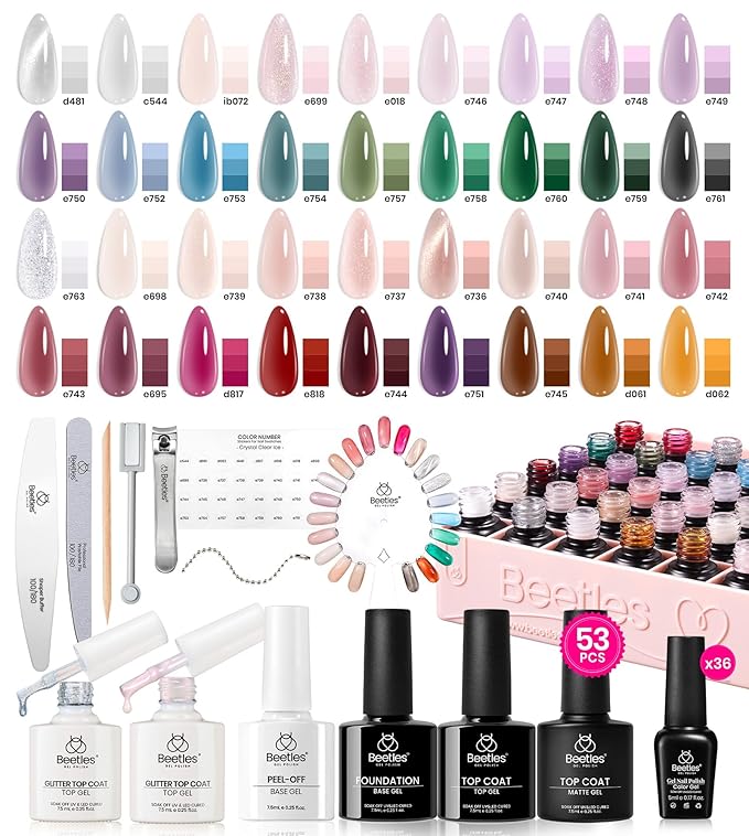 Beetles Jelly Gel Nail Polish Set, 53PCS 36 Colors Jelly Pink Milky White Red Black Blue Green Silver Cat Eye Base Glitter Glossy Matte Top Coat Crystal Ice Collection French Nails Gift for Women-VivaGrace Women