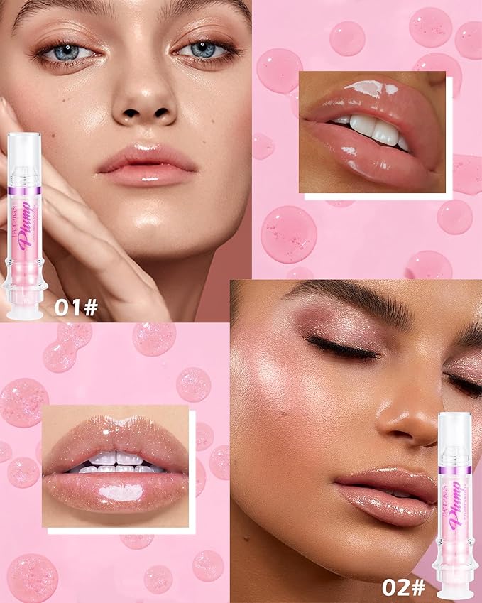 Lip Plumping Booster Lip Gloss,Plump and Pout Lip Plumper Hydrating & Volumizes Lip Wrinkles,Enhancing Plump Effect for Fuller Lips,High Shine Lip Glaze,Women's Day Makeup Gift for Women-01+02-VivaGrace Women