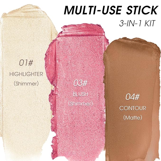 3Pcs Cream Contour Stick Makeup Kit - Cream Blush Stick Highlighter Stick Contour Bronzer Stick for Cheeks, Waterproof Long Lasting Blendable, Contour Stick Trio for Face Makeup (#01, 03, 04)-VivaGrace Women