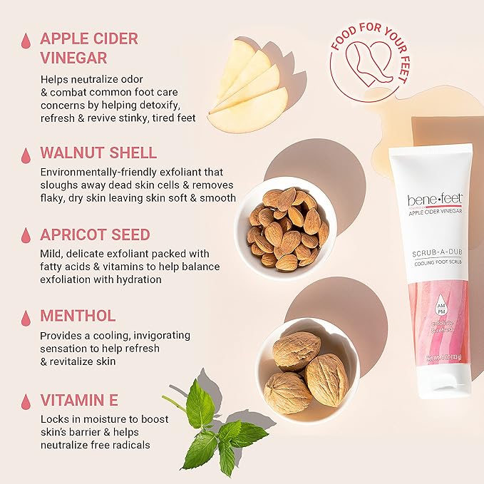 Benefeet Scrub-A-Dub Cooling Foot Scrub - Exfoliates + Refreshes Dry + Dull Skin, Get Smoother Skin from Heel to Toe, Made w/Vitamin E, Apple Cider Vinegar, Walnut Shell + Apricot Seed, 4 oz (1 Pack)-VivaGrace Women