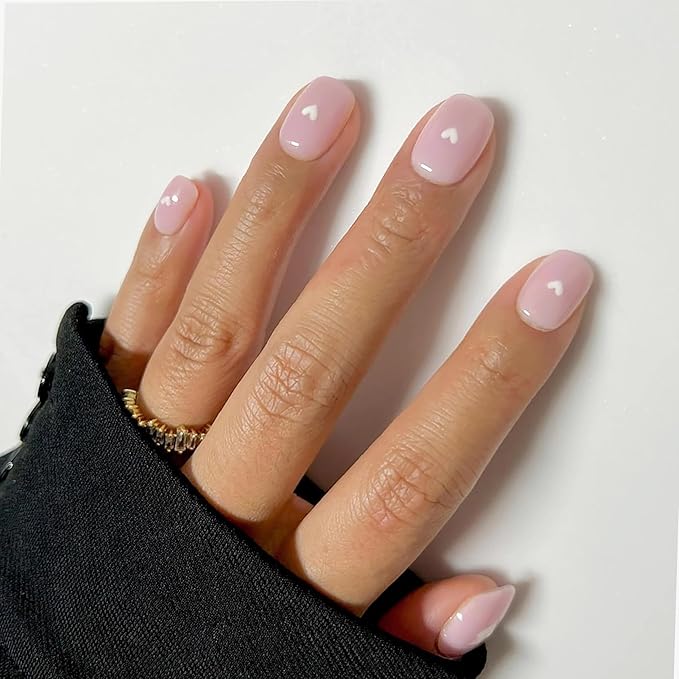 Press On Nails Squoval - Pink & White Heart Fake Nails Short Full Cover Acrylic Glue on Nails in 12 Sizes - 24 Piece Nail Kit，Natural Fit for Women & Girls Daily Wear