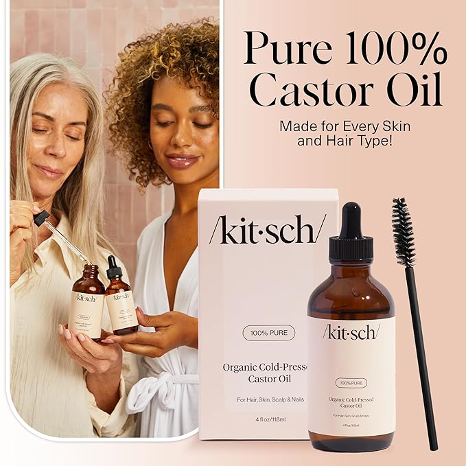 Kitsch Organic Castor Oil for Hair Growth - 100% Pure Castor Oil, Organic Cold Pressed Unrefined Glass Bottle for Face, Skin, Lashes, Brows, Scalp, Nails & Belly Button - Hexane Free, USDA - 4 oz-VivaGrace Women