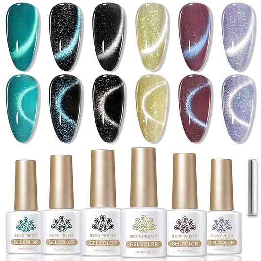 Born Pretty Cat Magnetic Eye Gel Nail Polish, 6 Colors 9D Magnetic Glitter Gel Polish Set Black Blue Purple Green Nail Polish Kit Soak Off LED Nail Art DIY Salon Gift-VivaGrace Women