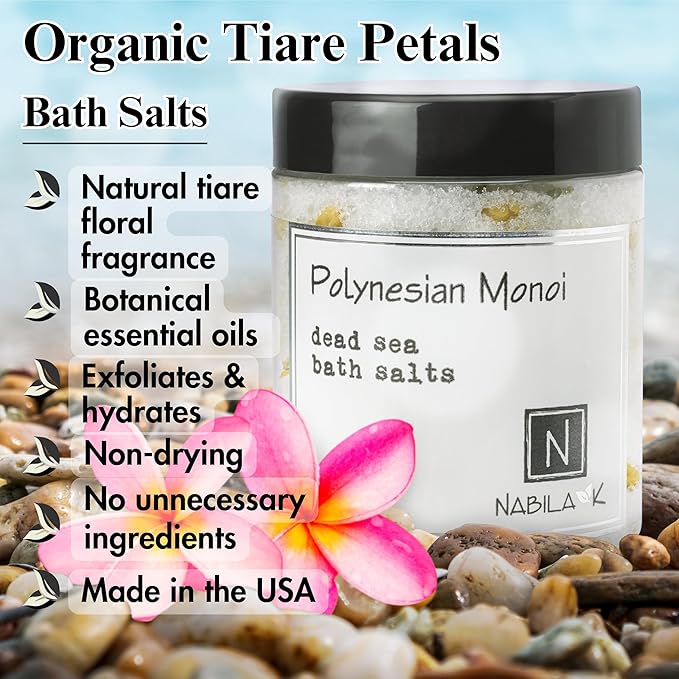 Polynesian Monoi Bath Salts by Nabila K - Dead Sea Salt & Epsom Salt Scrub & Soak - Exfoliates & Hydrates Skin, Botanical Essential Oils - Bubble Bath Accessories for All Skins Types, 8 oz-VivaGrace Women