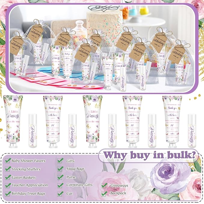 50 Sets 200 Pcs Baby Shower Hand Lotion and Lip Balm Gift Theme Baby Shower Party Favors Travel Size Hand Lotion and Lip Balm Bulk with Organza Bags Tags(Butterfly)-VivaGrace Women
