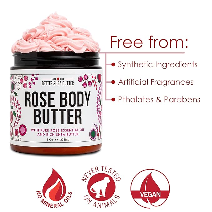 Rose Body Butter for Dry Skin with Whipped Shea Butter and Pure Essential Oil | Ultra Hydrating Rose Lotion for Women | All Natural Moisturizer with No Synthetic Fragrances-VivaGrace Women