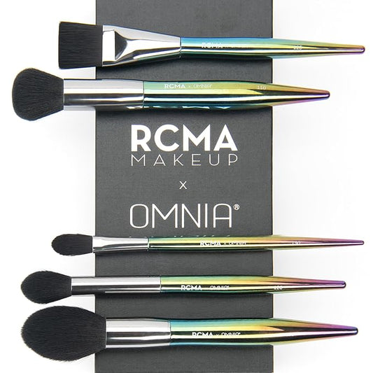 RCMA Makeup x Omnia Professional Makeup Brush 5pc Set, Premium Synthetic Fiber, Iridescent Acrylic Handle, Face Powders, Complexion and Foundation Blending Application Brush set.-VivaGrace Women