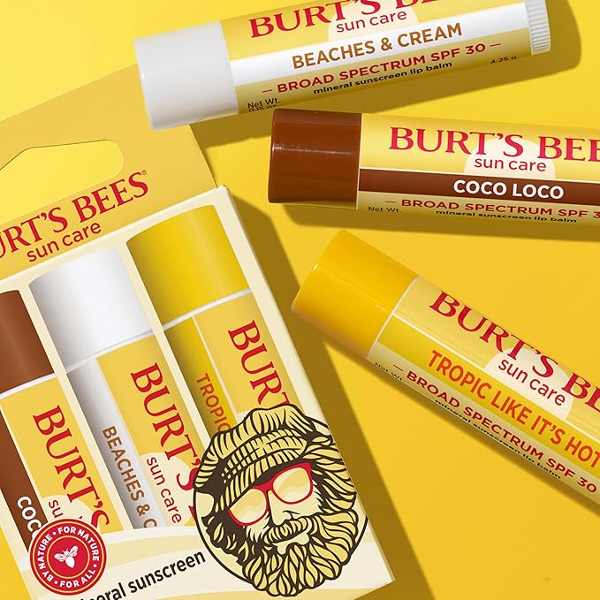 Burt’s Bees SPF 30 Lip Balm Mothers Day Gifts for Mom, Island Getaway - Coco Loco, Beaches & Cream, Tropic Like It's Hot, Water-Resistant Sun Care, Natural Origin Lip Treatment, 3 Tubes, 0.15 oz-VivaGrace Women