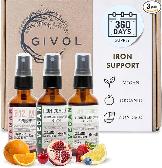 Iron Support Spray Bundle Liquid Vitamin B12 Methylcobalamin, Zinc Picolinate, and Bisglycinate | Non-GMO, Gluten-Free, Sugar-Free Iron Supplement | 2 Fl Oz Each | 360 Days Supply