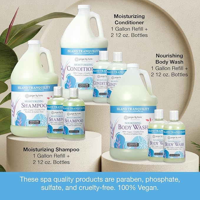 Ginger Lily Farms Botanicals Hospitality Kit, Island Tranquility, 9-Pc Set Includes Shampoo, Conditioner & Body Wash, 100% Vegan & Cruelty-Free, Green Tea Lemongrass Scent-VivaGrace Women