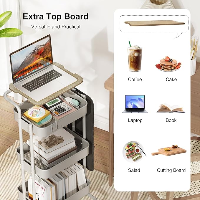 DTK 3 Tier Metal Utility Rolling Cart with Table Top and Side Bags, Tray Storage Organizer Wheels, Art Craft 4 Hooks for Kitchen Bathroom Office Living Room(Grey)-VivaGrace Women