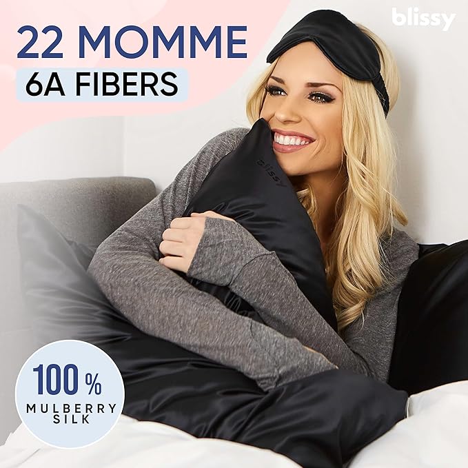 Blissy Silk Pillowcase - 100% Pure Mulberry Silk - 22 Momme 6A High-Grade Fibers - Silk Pillow Cover for Hair & Skin - Regular, Queen & King (Black, Standard)-VivaGrace Women