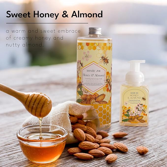 Natural Honey & Almond Scented Foaming Hand Soap Refill Gift Set - 3 Pack with Dispenser, Non-Toxic and Biodegradable Formula, Moisturizing Essential Oils for Sensitive Skin (33.8 Fl Oz x 3)