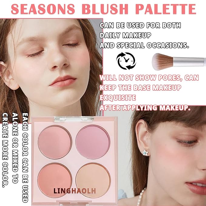 4 Colors Blush Palette for Cheeks,Face Matte Contour Blush Makeup Palette,Buildable Shimmer Facial Cheek Blusher Shades,Blendable Cosmetic Makeup Blush with Blush Brush 03-VivaGrace Women