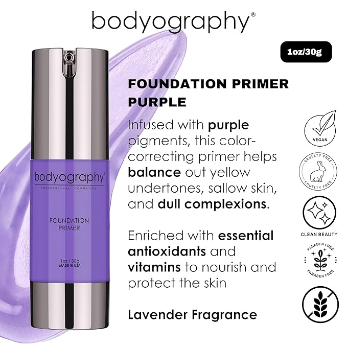 BODYOGRAPHY - Foundation Primer (Purple): Flawless Anti-Aging Salon Makeup Primer w/Vitamin E, A, Jojoba, Grapeseed Oil | Control Shine | Gluten-Free, Cruelty-Free, 1 oz.-VivaGrace Women
