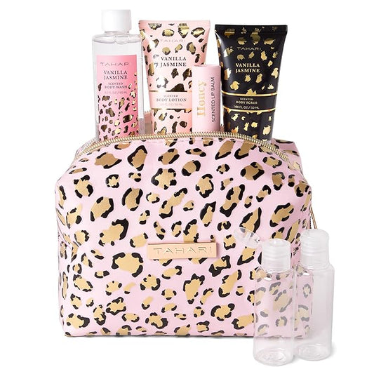 Tahari Spa Gift Set for Women, Vanilla Jasmine Spa Set, Bath Kit for Women Gift Set Includes Body Lotion, Body Wash, Hand Cream, Lotion Gift Set for Women, Birthday Gifts For Women - (Leopard)-VivaGrace Women