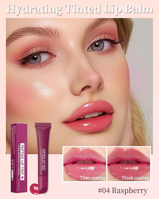 Tinted Lip Balm-1Pcs Raspberry Peptide Hydrating Lip Tint Moisturizer,Jelly Glossier Lip Treatment Balm,Non-Stick Lip Care Glow Reviver Lip Oil,Yummy Glowy Lip Gloss,Thanksgiving Makeup for Women-04-VivaGrace Women
