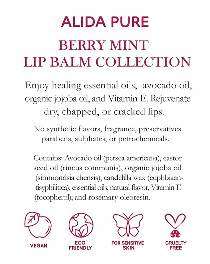 Berry Mint Lip Balm Collection, Vegan Set, Bees Wax Free, Coconut Oil Free, with Organic Jojoba and Avocado Oil, Vitamin E, Natural Moisturizer For Dry Cracked Lips, 3 Tube Set-VivaGrace Women