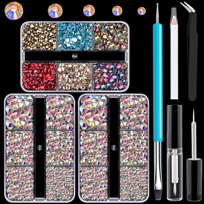 Colorful Face Gems for Makeup Set, Flatback Gorgeous Glass AB Gems+Mixed-Colored Crystals with Picker Pencil, Makeup Glue, Dual-End Dotting Tool, Tweezer for Eye Body Hair Make-up and Nail Art Deco-VivaGrace Women
