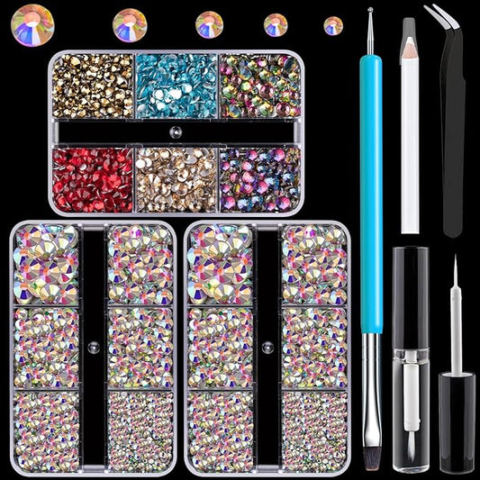 Colorful Face Gems for Makeup Set, Flatback Gorgeous Glass AB Gems+Mixed-Colored Crystals with Picker Pencil, Makeup Glue, Dual-End Dotting Tool, Tweezer for Eye Body Hair Make-up and Nail Art Deco-VivaGrace Women