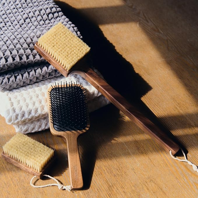 Luxury Natural Walnut Wood Boar Bristle Body Brush | Exfoliating & Detoxifying for All Skin Type | Sweeps Away Dead Skin Cells for Luminous, Smooth Skin | for Wet and Dry Use (Body Brush Set)-VivaGrace Women