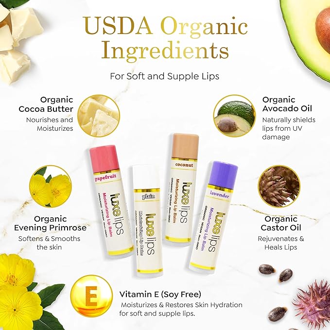Luxe Beauty No-Beeswax, No-Petroleum Organic Lip Moisturizer for Very Dry Lips - Lip Care for Sun/Wind Damage, Dryness, and Chapping – 4-Pack Hydrating Lip Care Products That Work Over/Under Lipstick-VivaGrace Women