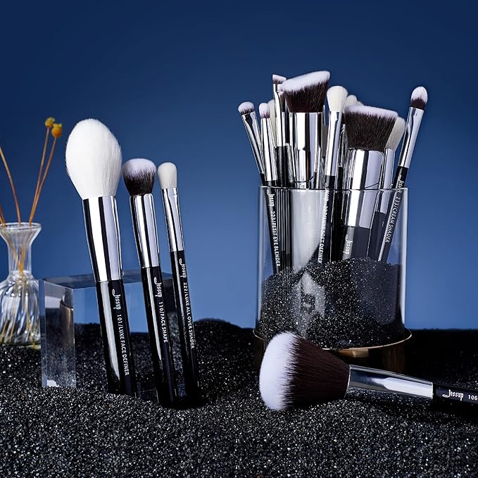 Jessup 25pcs Professional Makeup Brush Set Foundation Powder Concealer Eyeshadow Blending Blush Highlighter Natural-Synthetic Hair Brushes (Black/Silver)-VivaGrace Women