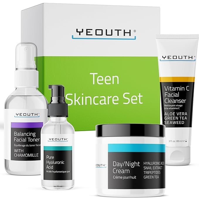 YEOUTH Skin Care Set: Hyaluronic Acid Serum, Vitamin C Cleanser, Toner & Face Cream, Teen Skincare Kit Girls & Boys 4-Piece Beauty Gifts-VivaGrace Women