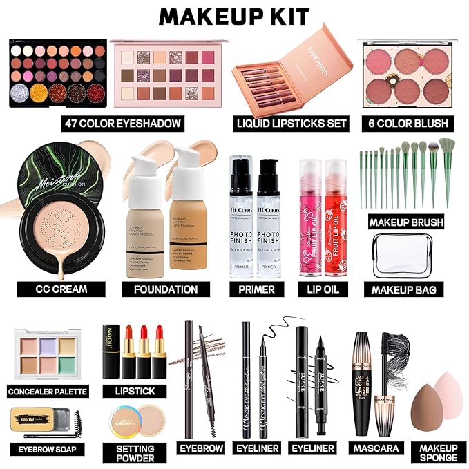 Makeup Set Makeup Set for Women Girls Teens Full Kit, Makeup Present Set for Beginners and Professionals Include Eyeshadow Palettes, Foundation, CC Cream, Liquid Lipsticks Set-VivaGrace Women