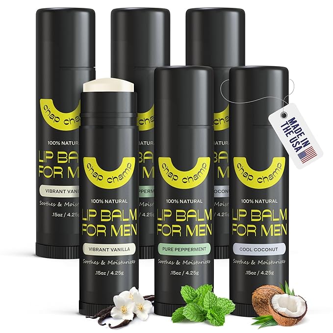 Lip Balm for Men - All Natural Mens Chapstick - Mens Lip Balm - Contains Vitamin E and Beeswax - Chapstick for Men - Peppermint, Coconut & Vanilla Lip Balm - 6 Pack Lip Balm Men-VivaGrace Women