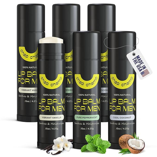 Lip Balm for Men - All Natural Mens Chapstick - Mens Lip Balm - Contains Vitamin E and Beeswax - Chapstick for Men - Peppermint, Coconut & Vanilla Lip Balm - 6 Pack Lip Balm Men-VivaGrace Women