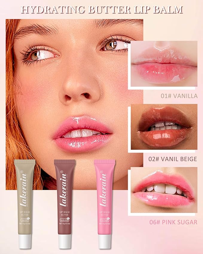 Tinted Lip Butter Balm-3 Colors Vanilla Beige Brown Pink Sugar Glossier Lip Gloss,Clear Jelly Yummy Tint Lip Stain Balm,Long Lasting Hydrating Non-Sticky Glow Reviver Fat Lip Care Oil for Women-Set A-VivaGrace Women