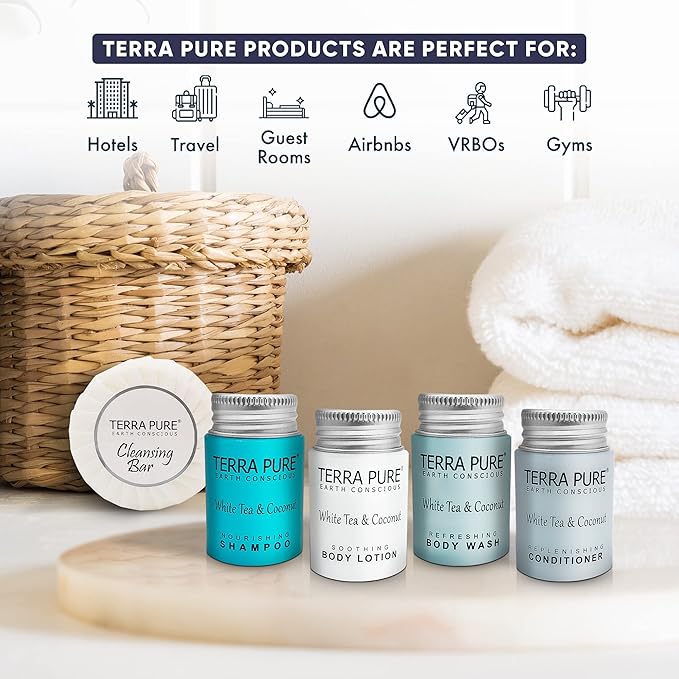 Terra Pure White Tea & Coconut Hotel Size Toiletries Set | 1-Shoppe All-In-Kit | 1 oz. Liquids and 1.25 oz. Bar Soap | Amenities For Hotels, Airbnb & Rentals | (75 pieces)-VivaGrace Women